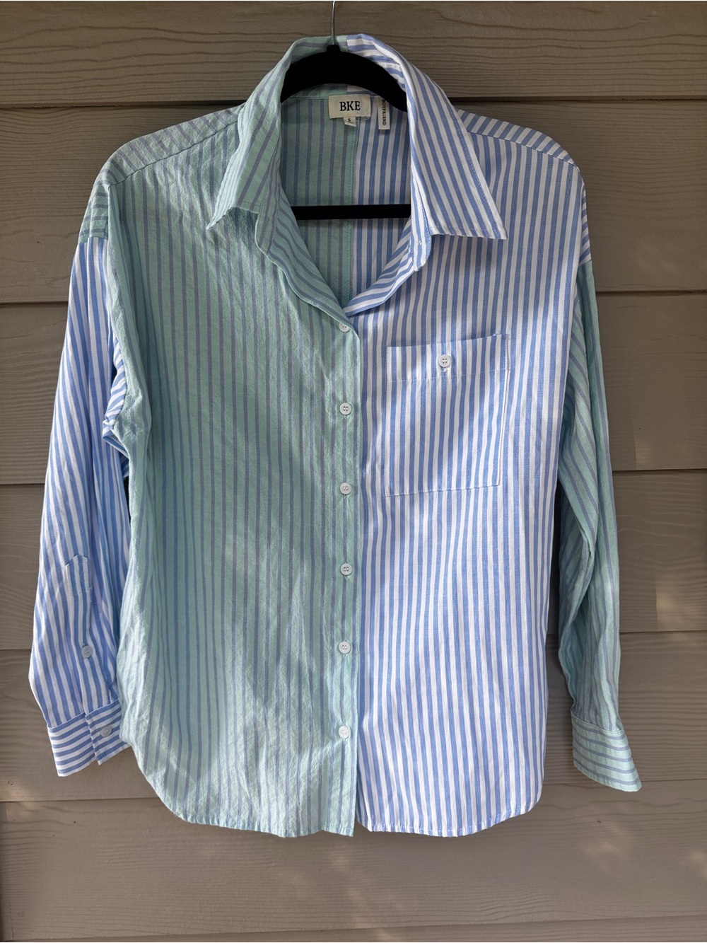 BKE Button Down Shirt Women S Blue Green Striped Colorblock Boyfriend Oversized
